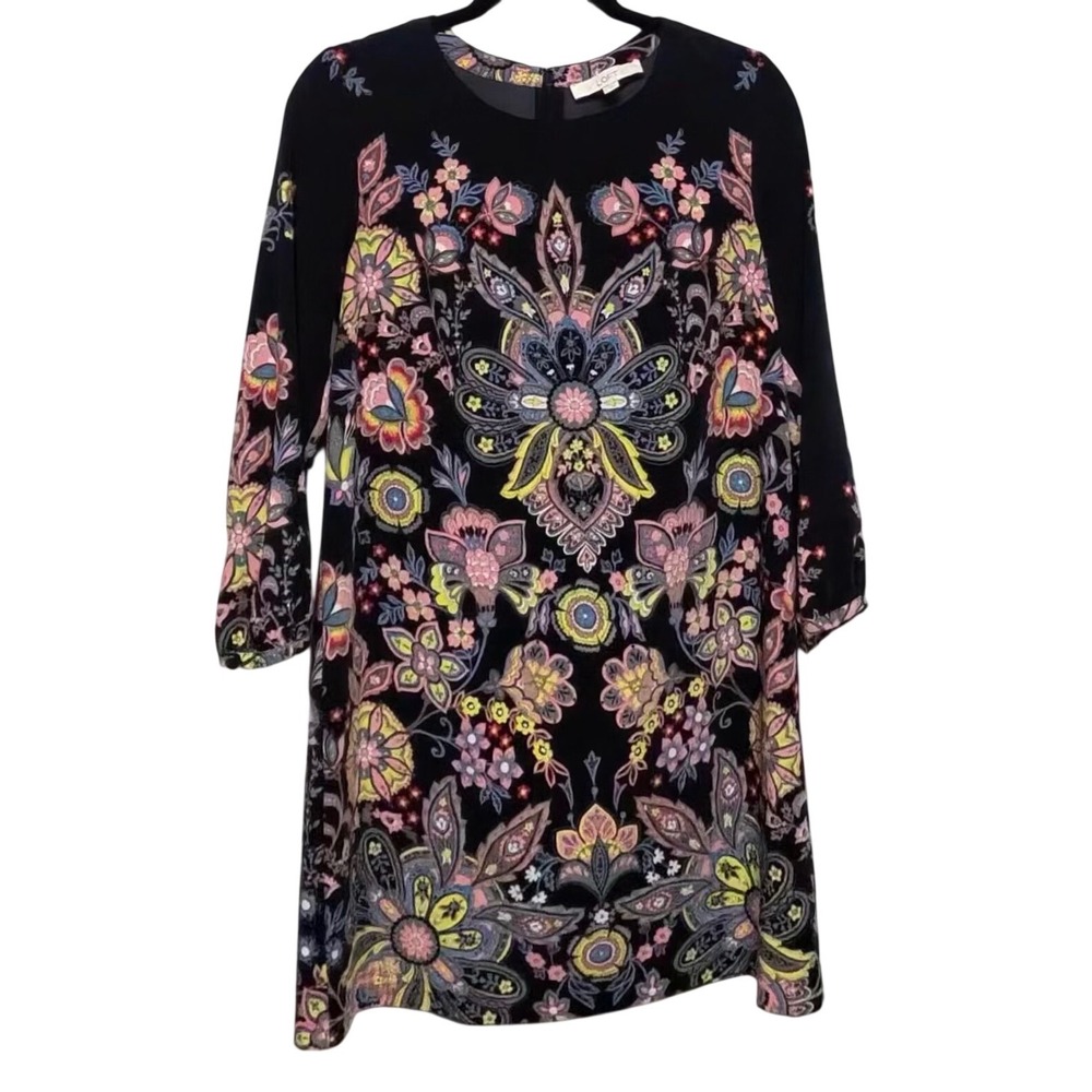LOFT Women Black Floral Paisley Medallion Shift Dress 3/4 Sleeve Size 8 Boho